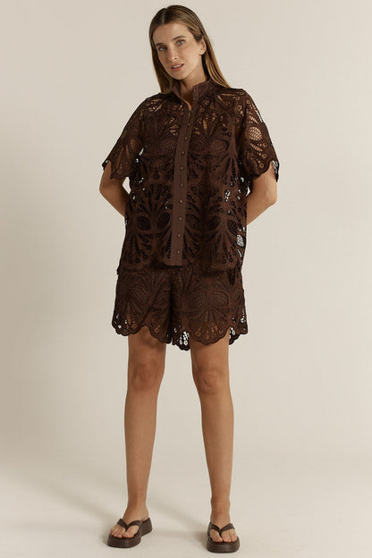 Fate & Becker Elara Broderie Blouse - Chocolate pre order
