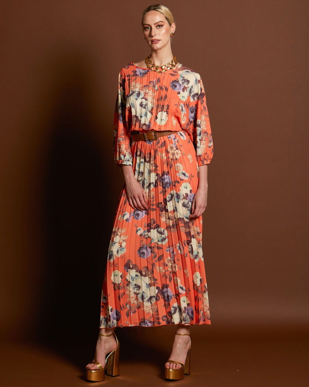Fate &Becker Jolene Pleated Maxi Dress Tangerine Floral