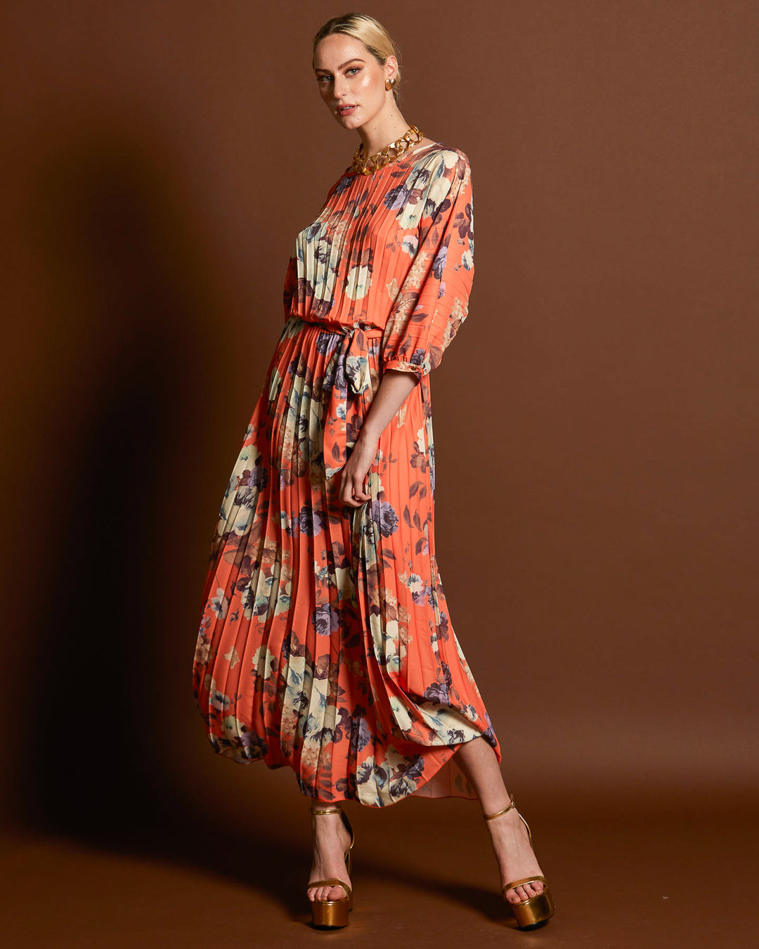 Fate &Becker Jolene Pleated Maxi Dress Tangerine Floral